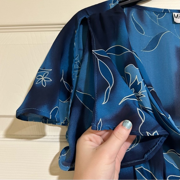 Millenium Blue Floral Maxi Dress Tie Dye V-Neck Y2K 90s Chiffon Sz L - Picture 3 of 6